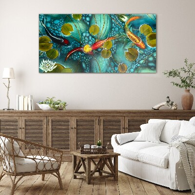 Foto op glas Waterreflecties met vissen en lelies