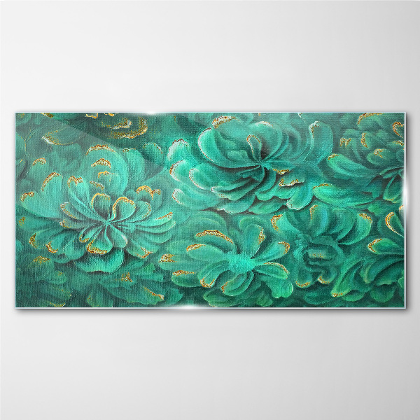 Foto op glas Groene bloemen met gouden accenten