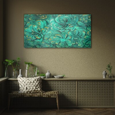 Foto op glas Groene bloemen met gouden accenten