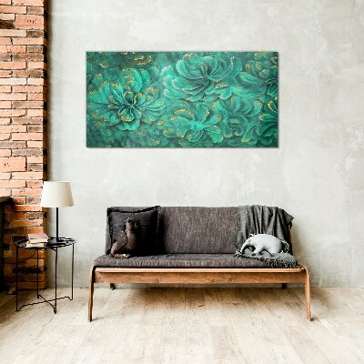 Foto op glas Groene bloemen met gouden accenten