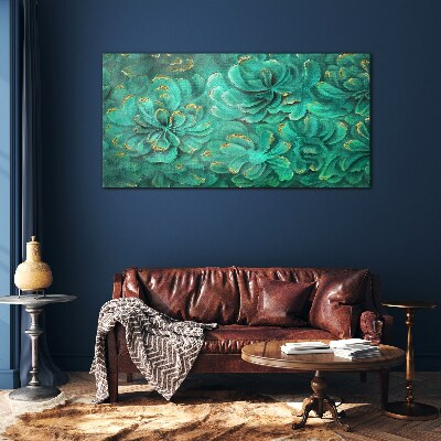 Foto op glas Groene bloemen met gouden accenten