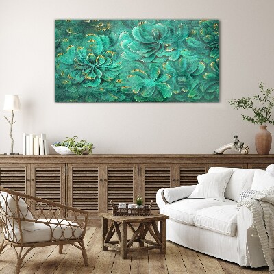 Foto op glas Groene bloemen met gouden accenten