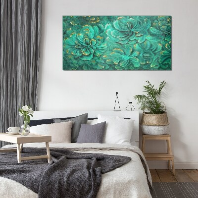 Foto op glas Groene bloemen met gouden accenten