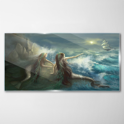 Schilderij op glas Zeemeerminnen aan de kust