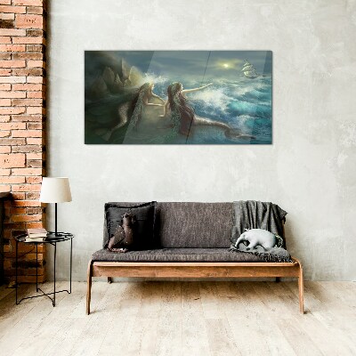 Schilderij op glas Zeemeerminnen aan de kust