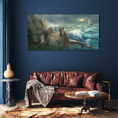 Schilderij op glas Zeemeerminnen aan de kust