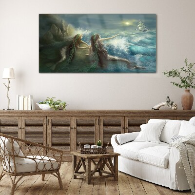 Schilderij op glas Zeemeerminnen aan de kust