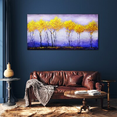 Foto op glas Gouden bomen in een paars landschap