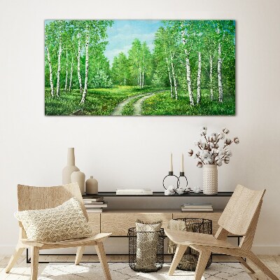 Foto op glas Groen bos met witte berken