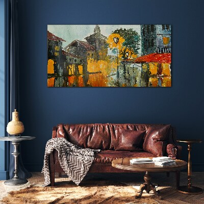 Schilderij op glas De gouden weerspiegeling van het stedelijk landschap