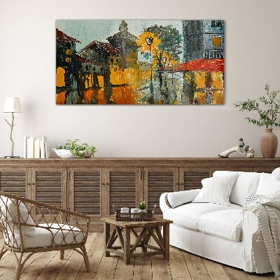 Schilderij op glas De gouden weerspiegeling van het stedelijk landschap