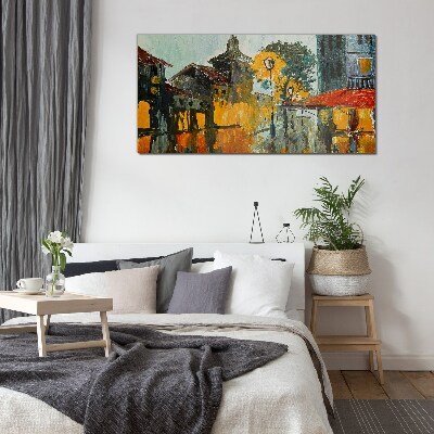 Schilderij op glas De gouden weerspiegeling van het stedelijk landschap