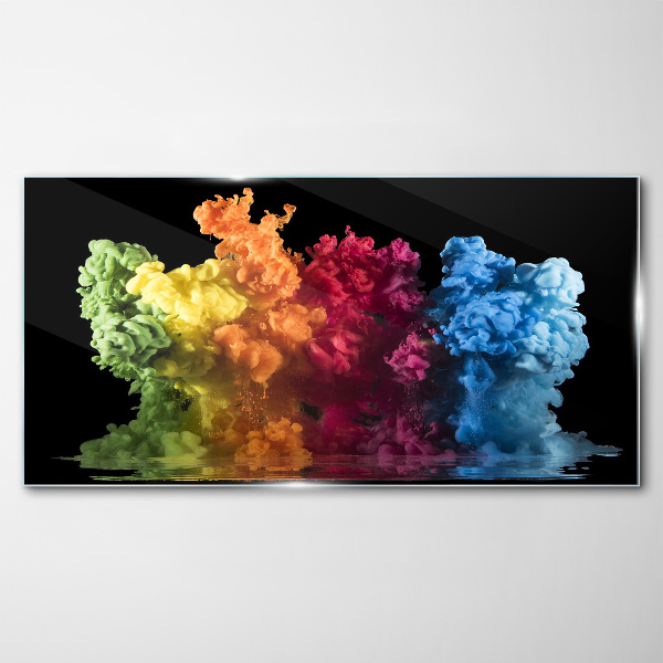 Glas foto Kleurrijke verfwolken op een zwarte achtergrond