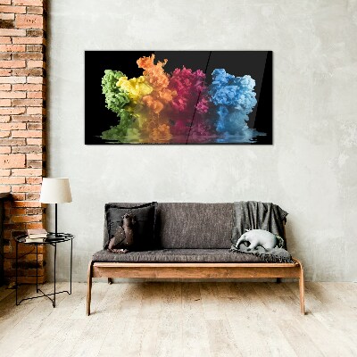 Glas foto Kleurrijke verfwolken op een zwarte achtergrond