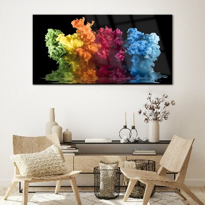 Glas foto Kleurrijke verfwolken op een zwarte achtergrond