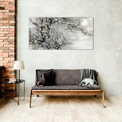 Glas foto Een bloeiende tak in monochrome tinten