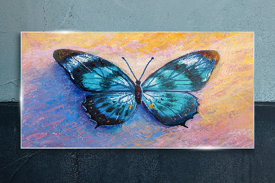 Foto op glas Blauwe vlinder op een pastelachtergrond