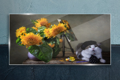 Glas foto Katten en zonnebloemen
