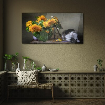 Glas foto Katten en zonnebloemen