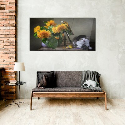 Glas foto Katten en zonnebloemen
