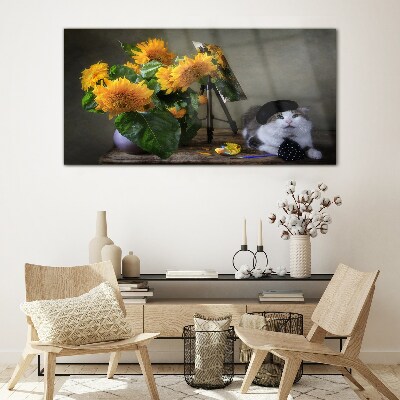 Glas foto Katten en zonnebloemen
