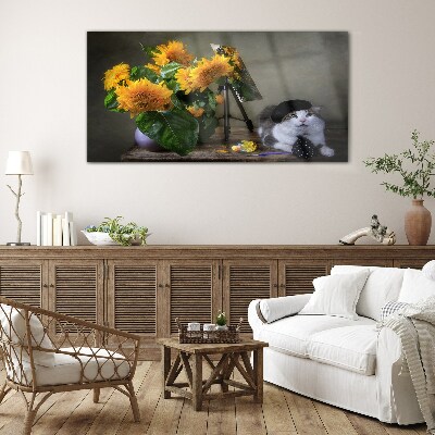 Glas foto Katten en zonnebloemen