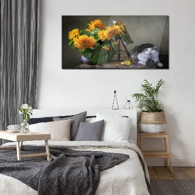 Glas foto Katten en zonnebloemen