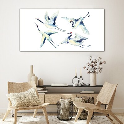 Foto op glas Dansende kraanvogels in het blauw