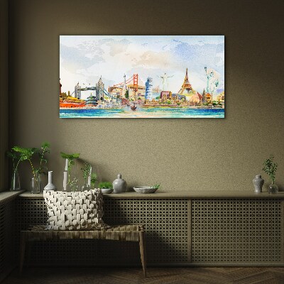 Schilderij op glas Iconen van de wereld in kleur