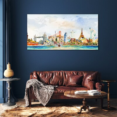 Schilderij op glas Iconen van de wereld in kleur