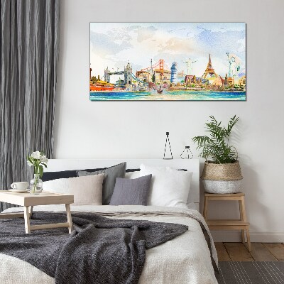 Schilderij op glas Iconen van de wereld in kleur