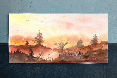 Glas foto Zonsondergang boven een boslandschap