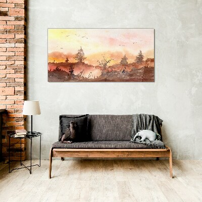 Glas foto Zonsondergang boven een boslandschap