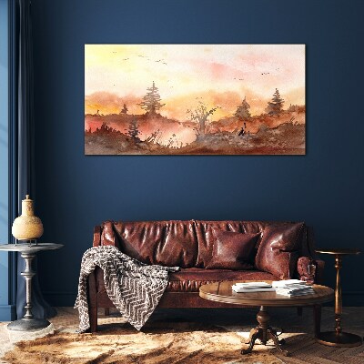 Glas foto Zonsondergang boven een boslandschap