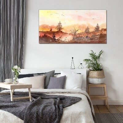 Glas foto Zonsondergang boven een boslandschap