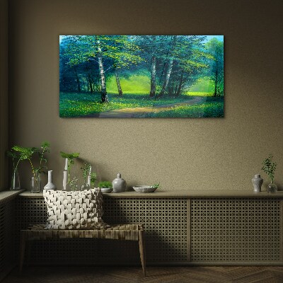 Foto op glas Groen bos in de zomerzon