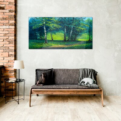 Foto op glas Groen bos in de zomerzon