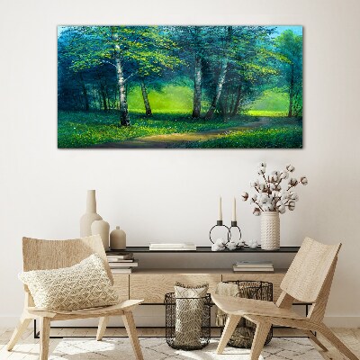 Foto op glas Groen bos in de zomerzon