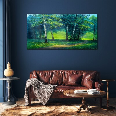 Foto op glas Groen bos in de zomerzon