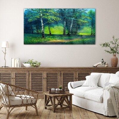 Foto op glas Groen bos in de zomerzon