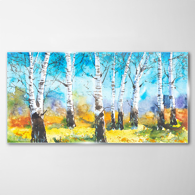 Glas foto Berkenbomen in een levendig landschap