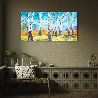 Glas foto Berkenbomen in een levendig landschap