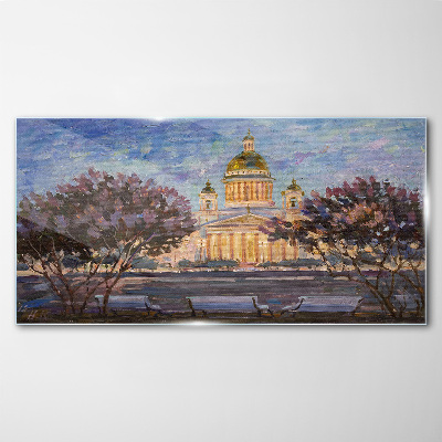 Foto op glas De kathedraal in de gloed van de ondergaande zon