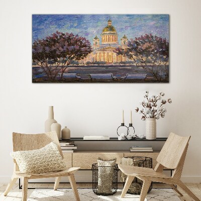 Foto op glas De kathedraal in de gloed van de ondergaande zon