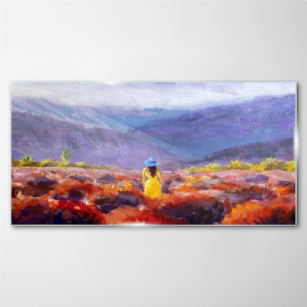 Schilderij op glas Vrouw in een paars landschap