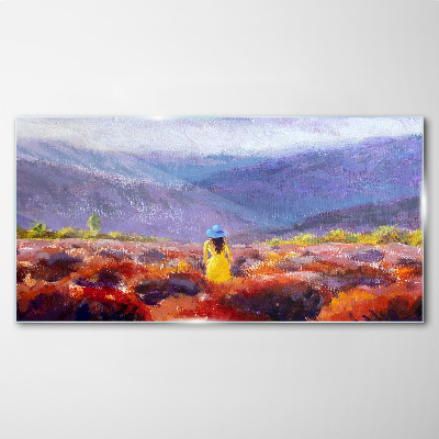 Schilderij op glas Vrouw in een paars landschap