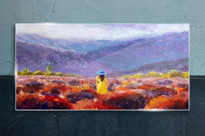 Schilderij op glas Vrouw in een paars landschap