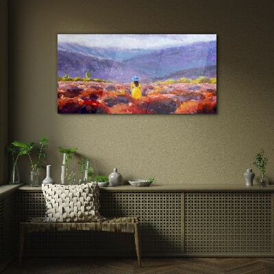 Schilderij op glas Vrouw in een paars landschap