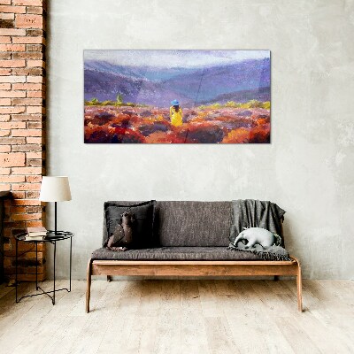Schilderij op glas Vrouw in een paars landschap