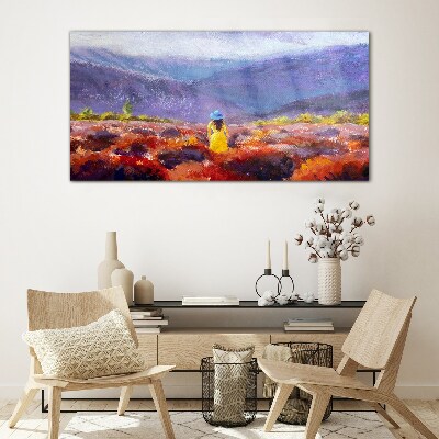 Schilderij op glas Vrouw in een paars landschap